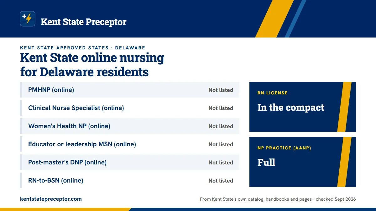Kent State online nursing programs for Delaware residents, from Kent State's approved-states page: PMHNP (online): not listed; Clinical Nurse Specialist (online): not listed; Women's Health NP (online): not listed; Educator or leadership MSN (online): not listed; Post-master's DNP (online): not list