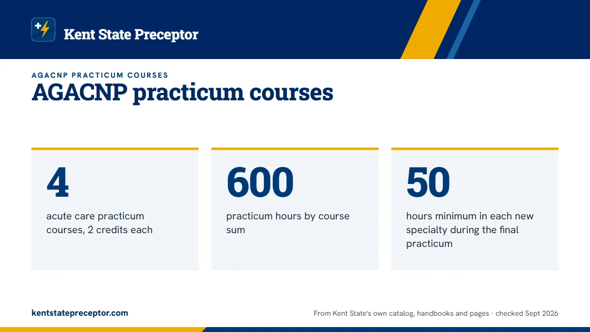 AGACNP practicum courses. 4: acute care practicum courses, 2 credits each; 600: practicum hours by course sum; 50: hours minimum in each new specialty during the final practicum.