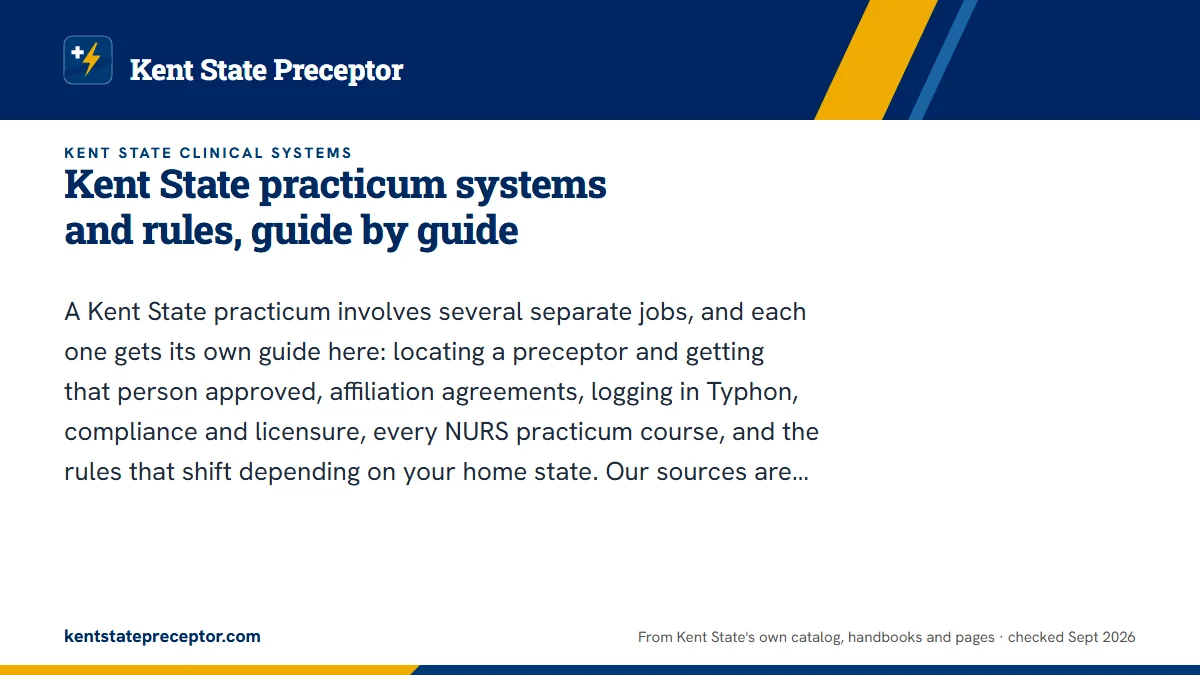 Kent State practicum systems and rules, guide by guide. A Kent State practicum involves several separate jobs, and each one gets its own guide here: locating a preceptor and getting that person approved, affiliation