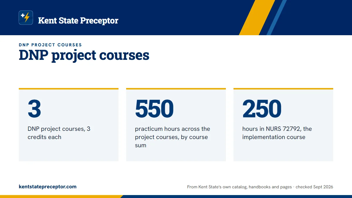DNP project courses. 3: DNP project courses, 3 credits each; 550: practicum hours across the project courses, by course sum; 250: hours in NURS 72792, the implementation course.