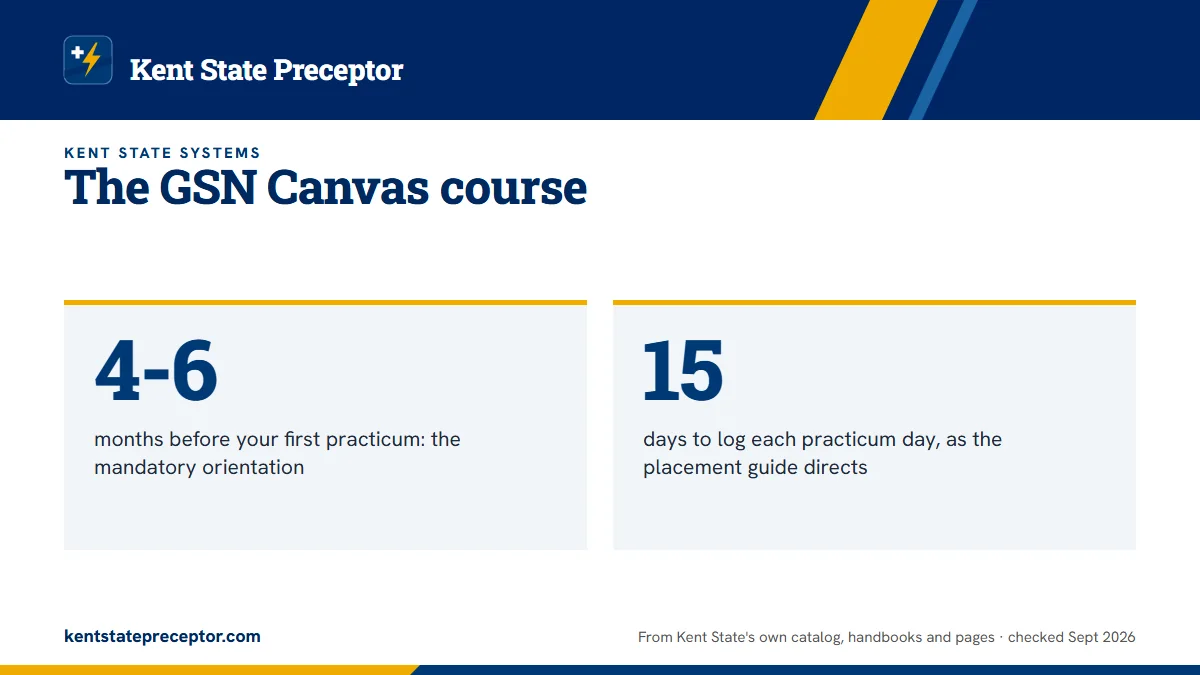 The GSN Canvas course. 4-6: months before your first practicum: the mandatory orientation; 15: days to log each practicum day, as the placement guide directs.
