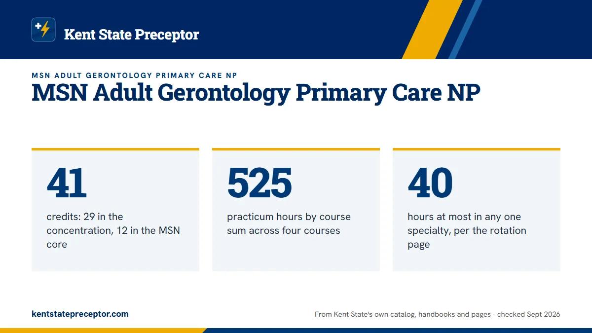 MSN Adult Gerontology Primary Care NP. 41: credits: 29 in the concentration, 12 in the MSN core; 525: practicum hours by course sum across four courses; 40: hours at most in any one specialty, per the rotation page.