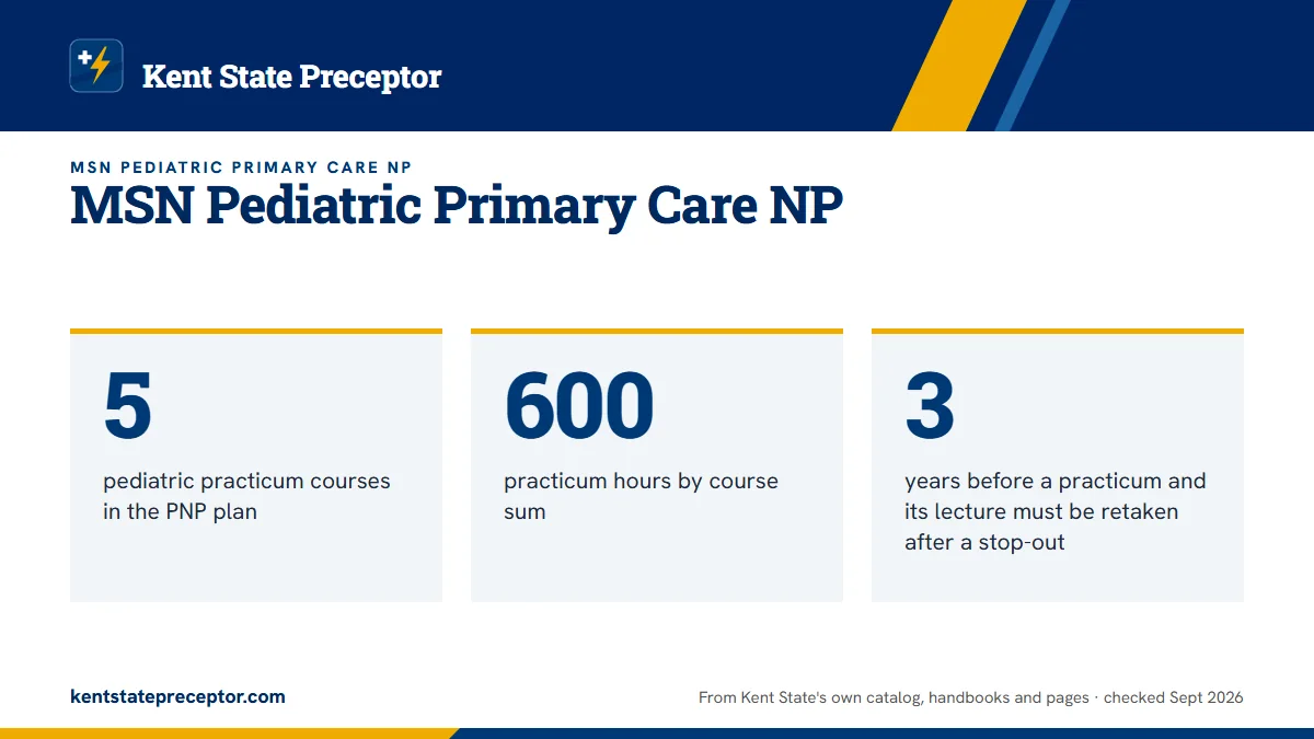 MSN Pediatric Primary Care NP. 5: pediatric practicum courses in the PNP plan; 600: practicum hours by course sum; 3: years before a practicum and its lecture must be retaken after a stop-out.