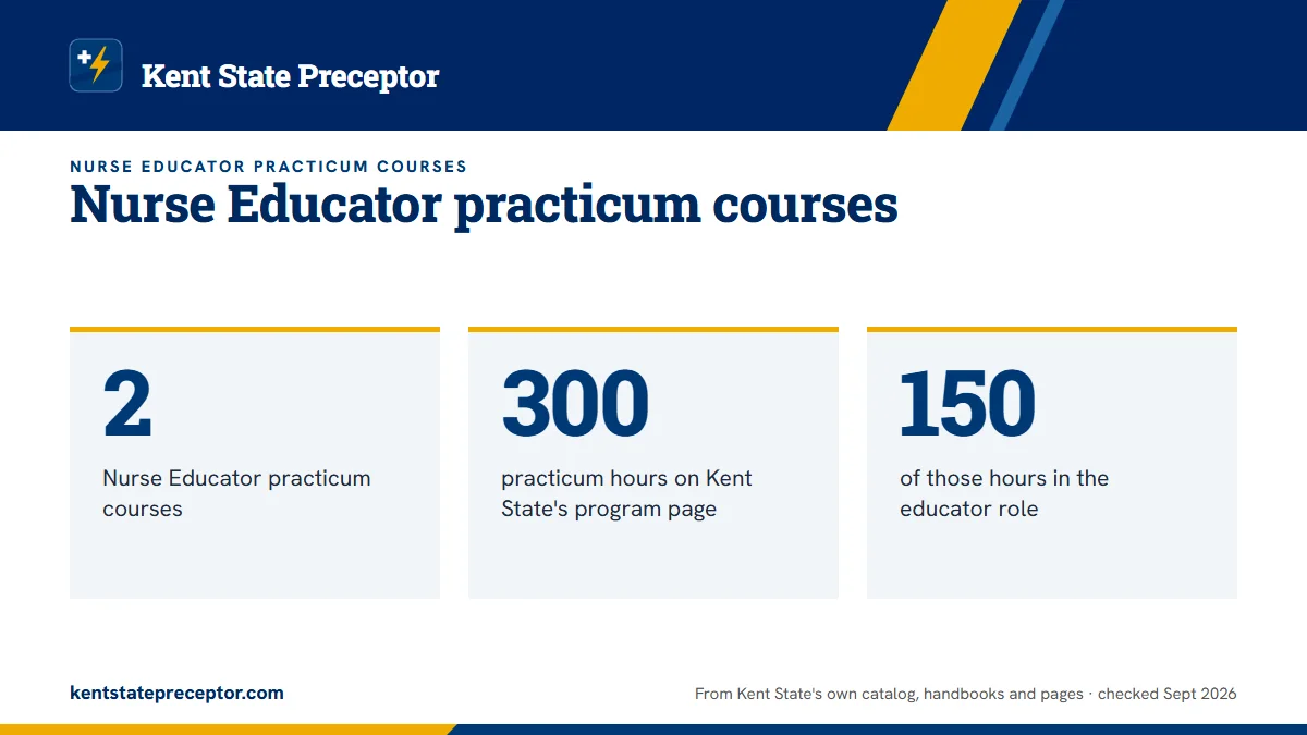 Nurse Educator practicum courses. 2: Nurse Educator practicum courses; 300: practicum hours on Kent State's program page; 150: of those hours in the educator role.