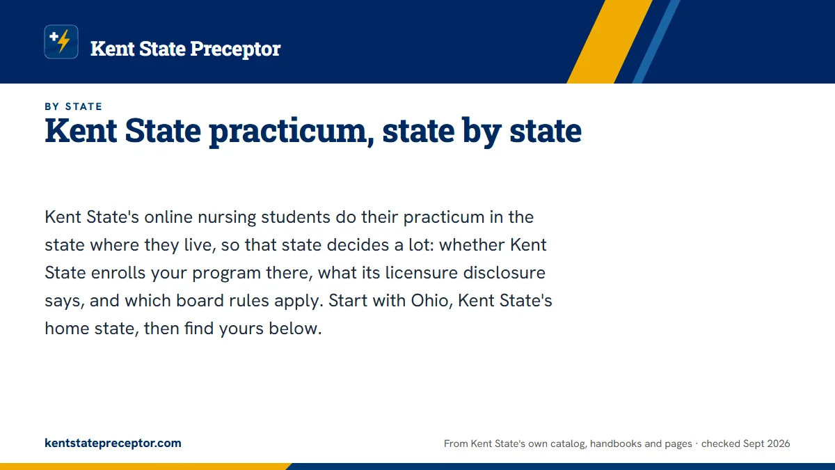 Kent State practicum, state by state. Kent State's online nursing students do their practicum in the state where they live, so that state decides a lot: whether Kent State enrolls your program there